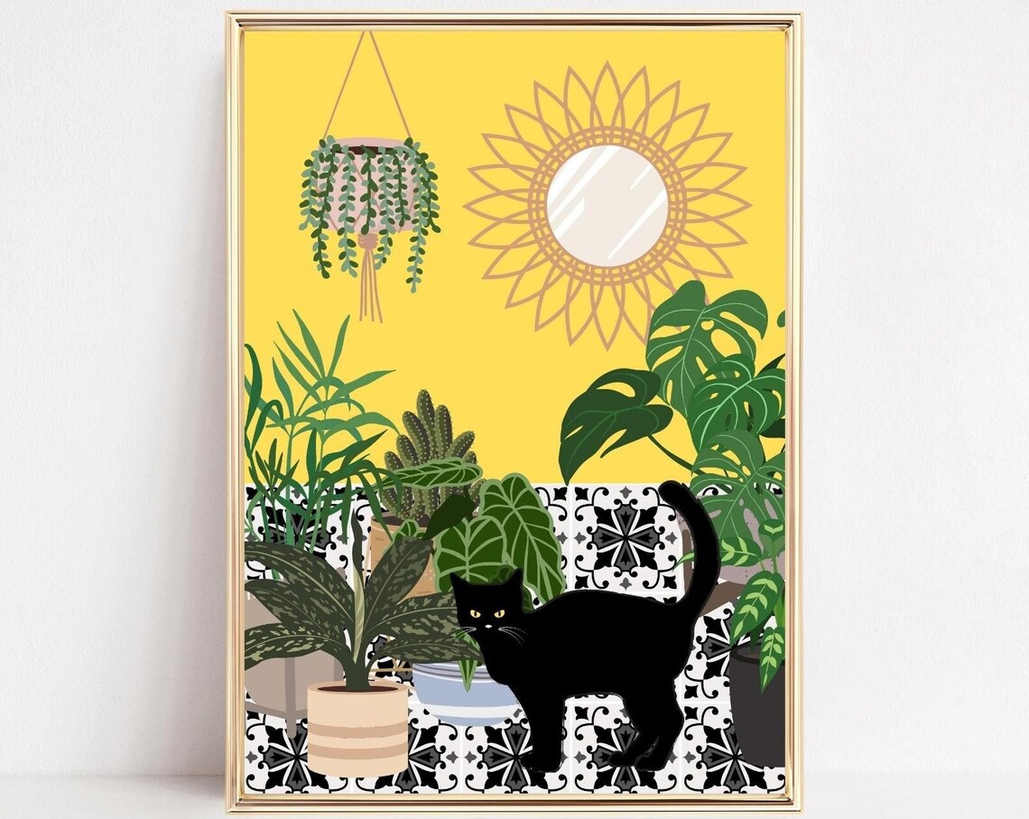 House Plants And Cat Boho Botanical Art Print
