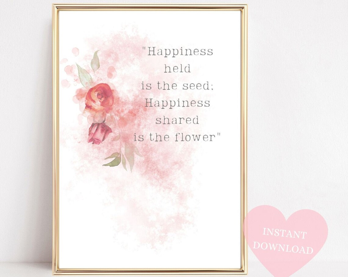 Happiness Print Flower Print Flower Wall Art Inspirational Quote Art Quote Print Floral Quote Living Room Instant