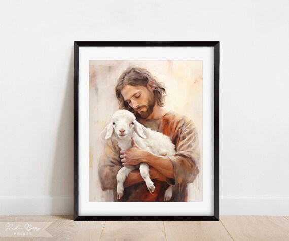 Jesus Christ Holding A Lamb Warm Tones Religious Christian Faith Poster