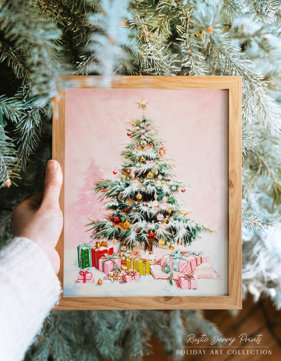 Decorated Christmas Tree Colorful Presents Pink Holiday Art Print