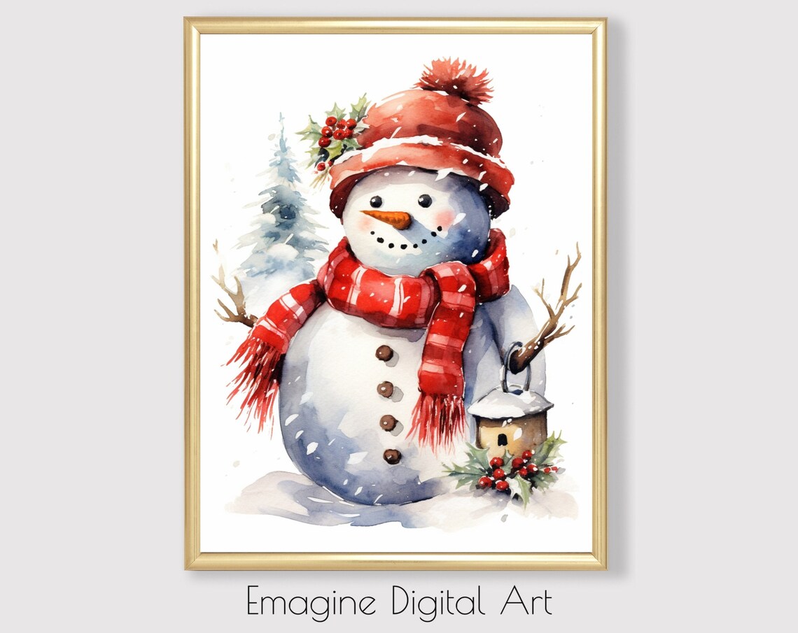 Cute Watercolor Snowman Red Scarf Christmas Winter Holiday Poster