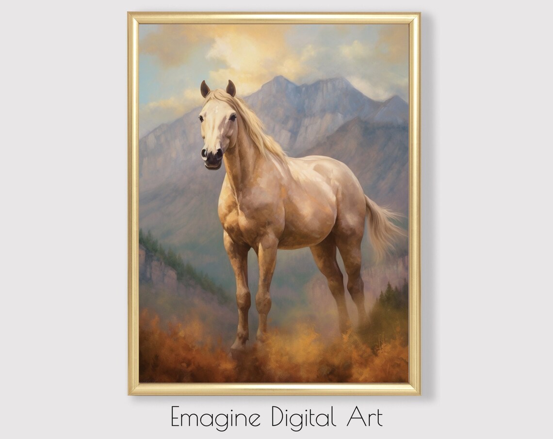 Palomino Horse in Mountain Wilderness Equestrian Oil Painting Poster