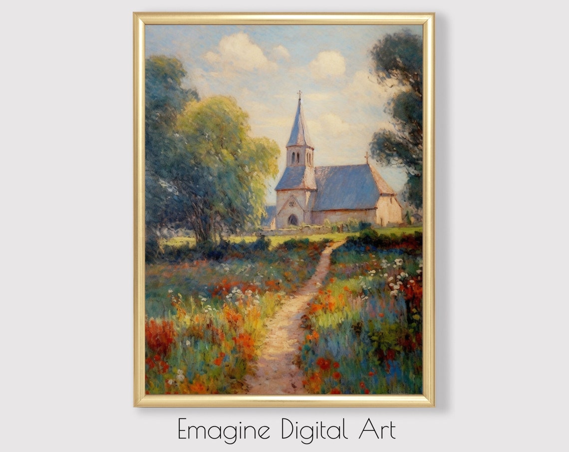 Country Church Among Wildflowers Impressionist Garden Poster