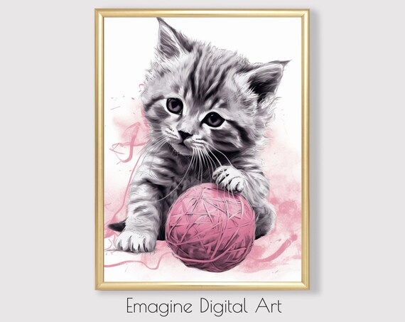 Cute Kitten Playing Pink Yarn Ball Nursery Kids Room Art Poster
