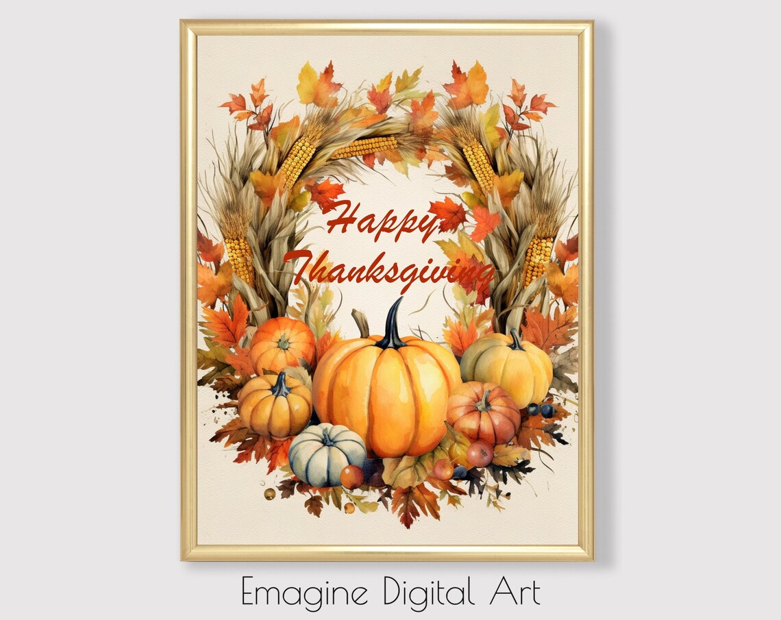 Happy Thanksgiving Pumpkin Wreath Autumn Harvest Watercolor Poster