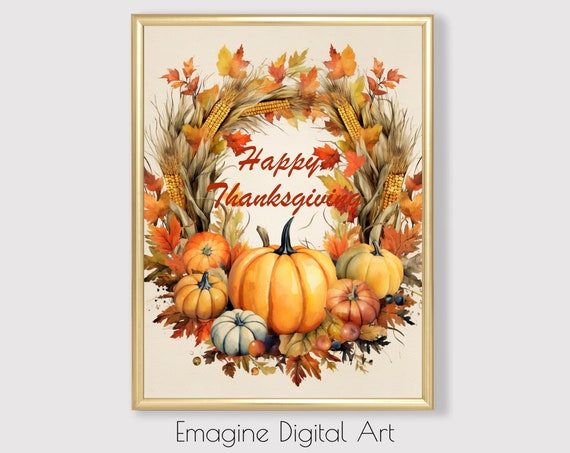 Art Autumn Wreath With Happy Thanksgiving Holiday Wall Decor To Instantly Print And Frame Tg01