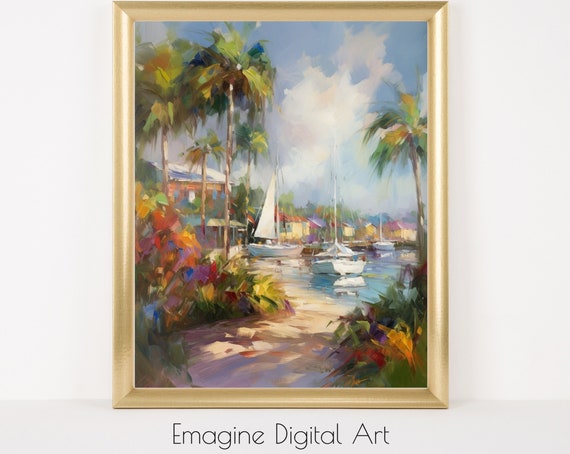 Art Tropical Impressionist Painting Of Sailboats Palm Trees Tranquil Beach Instantly Print And Frame Tr01