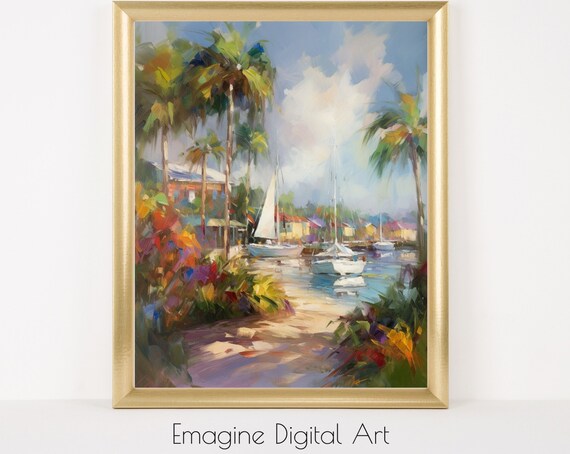 Tropical Harbor Sailboats Palm Trees Impressionist Beach Art Poster