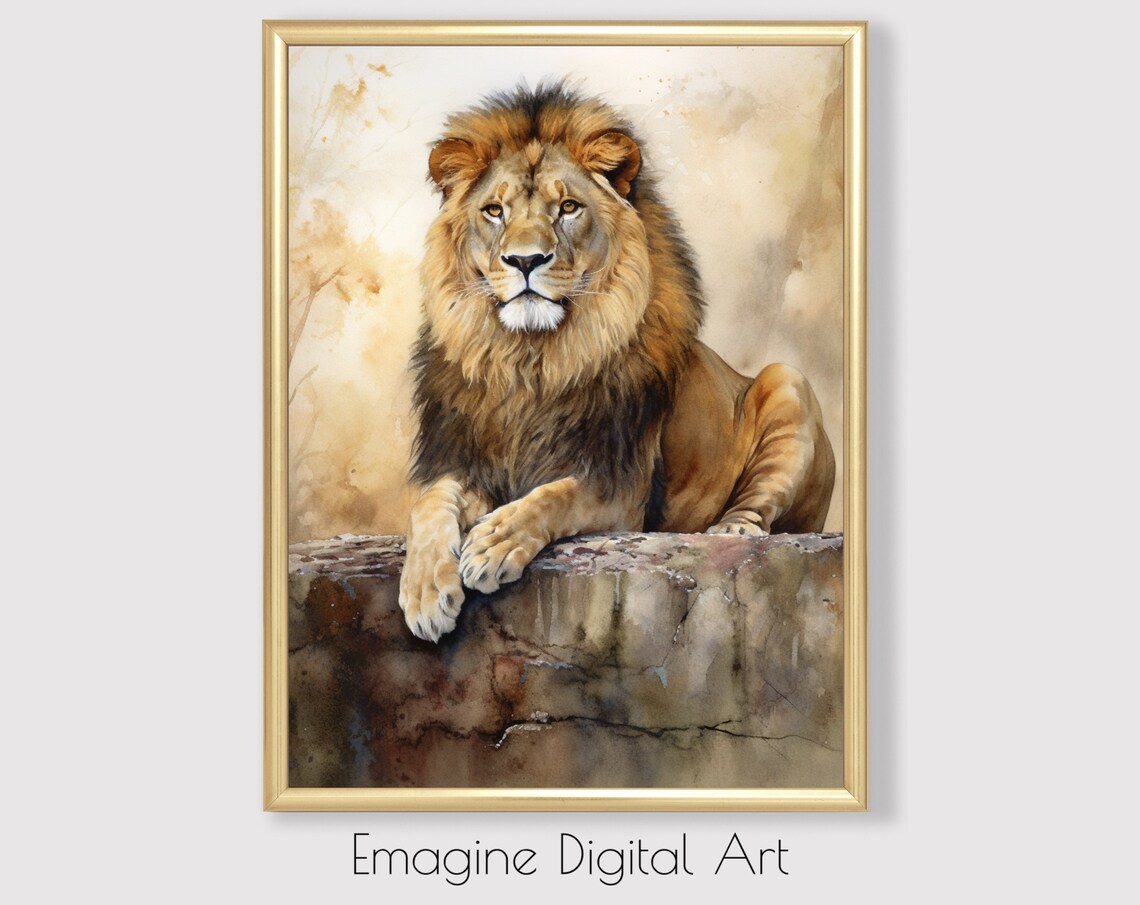 Majestic Male Lion Watercolor Resting on Rock Realistic Wildlife Poster