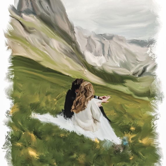 Bride and Groom Seated on a Green Mountain Hillside View Poster