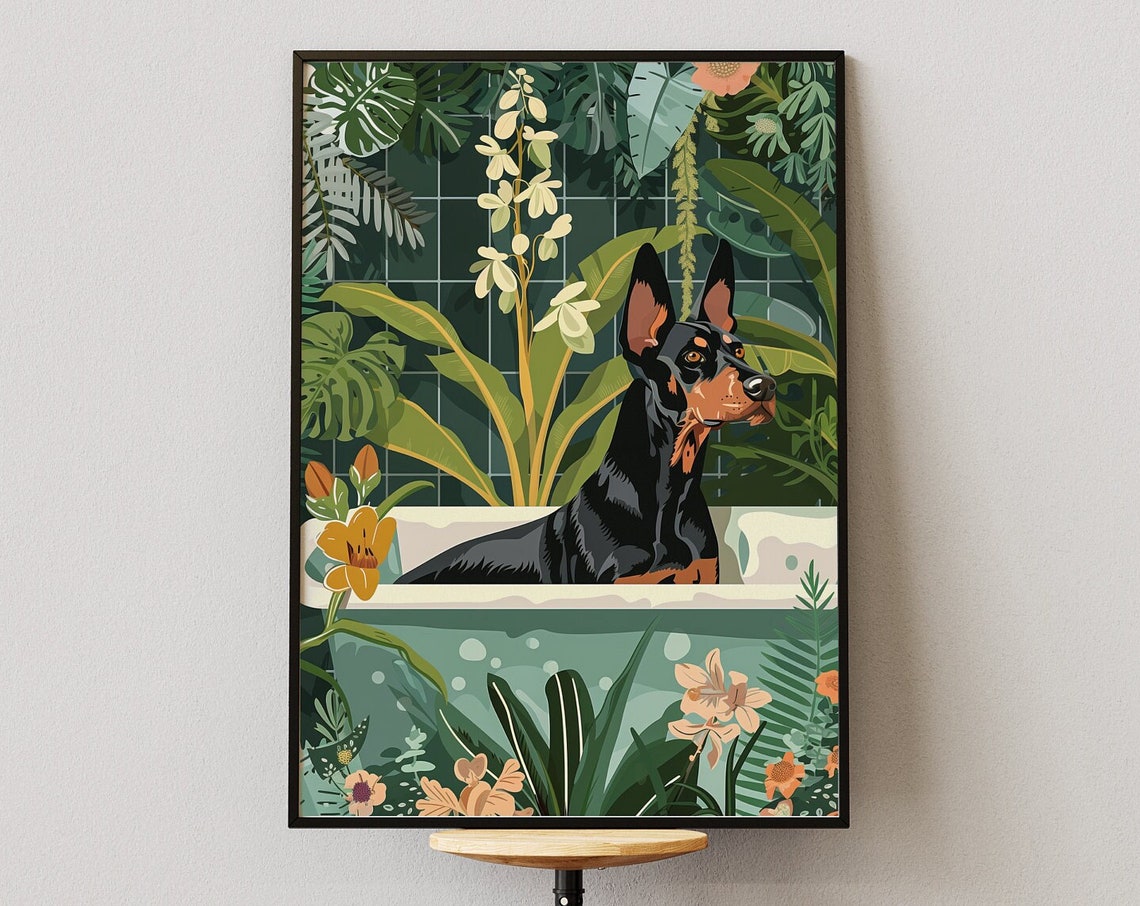 Doberman in Bathtub Tropical Botanical Maximalist Bathroom Dog Poster - Image 3