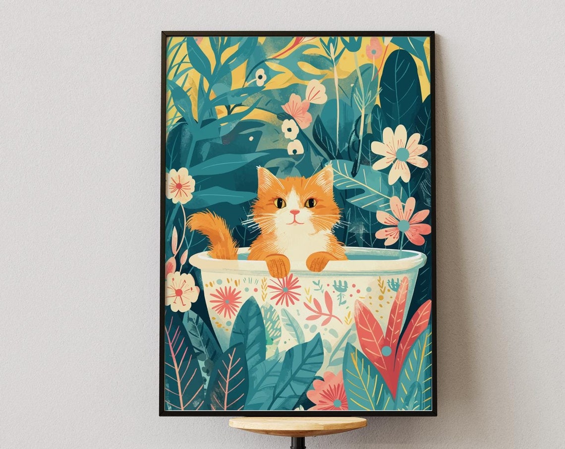 Ginger Cat in Decorated Tub Bright Tropical Floral Wall Poster