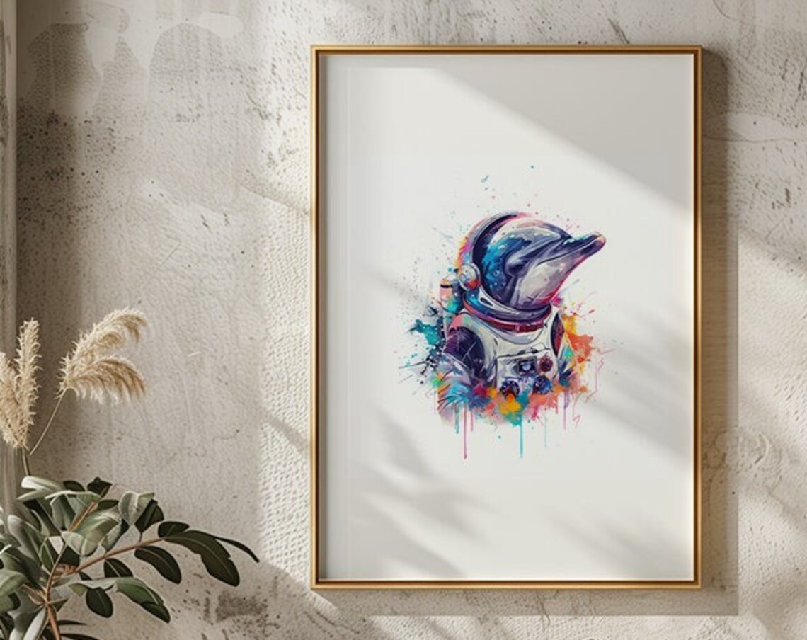 Dolphin Astronaut Watercolor Ocean Space Suit Animal Art Poster
