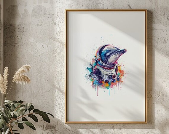 Dolphin Astronaut Watercolor Ocean Space Suit Animal Art Poster
