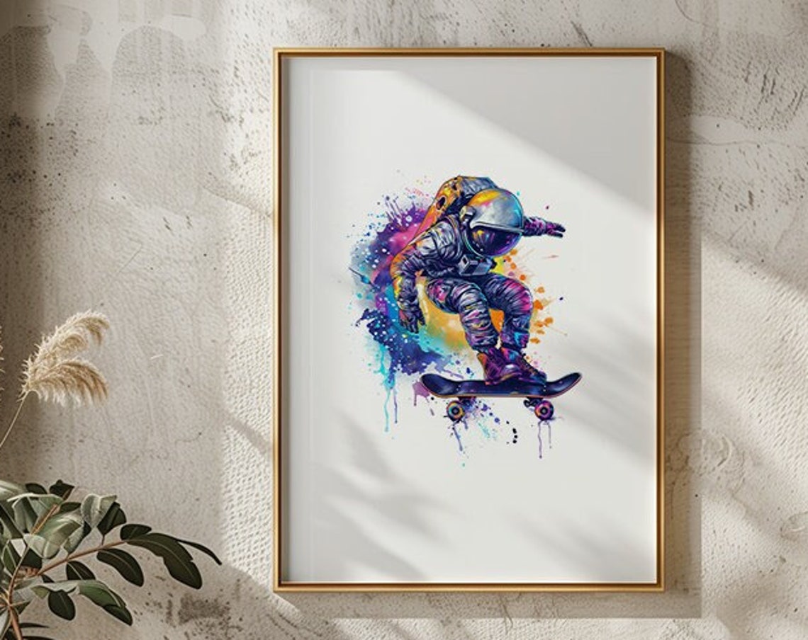 Astronaut Skateboard Trick Colorful Space Watercolor Art Poster