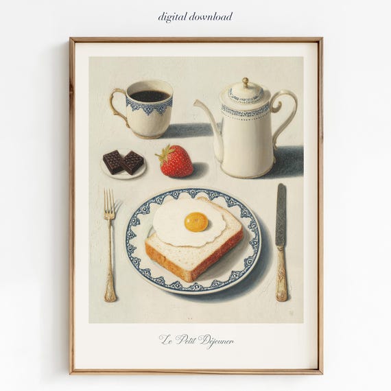 French Breakfast Art Print Vintage Still Life Kitchen Poster Oil Painting Wall Country Cafe Decor Cozy Food Illustration