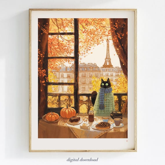 Parisian Cat Art Print Whimsical Watercolor Poster Autumn Kitchen Decor Dreamy French Breakfast Wall Lover Gift