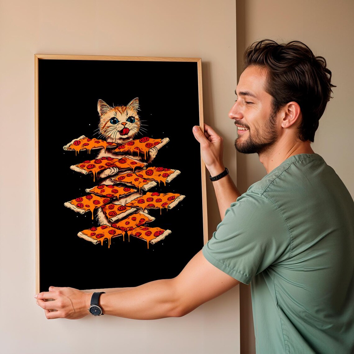 Happy Kitten Stacked Pepperoni Pizza Slices Retro Kitchen Wall Art Print - Image 3