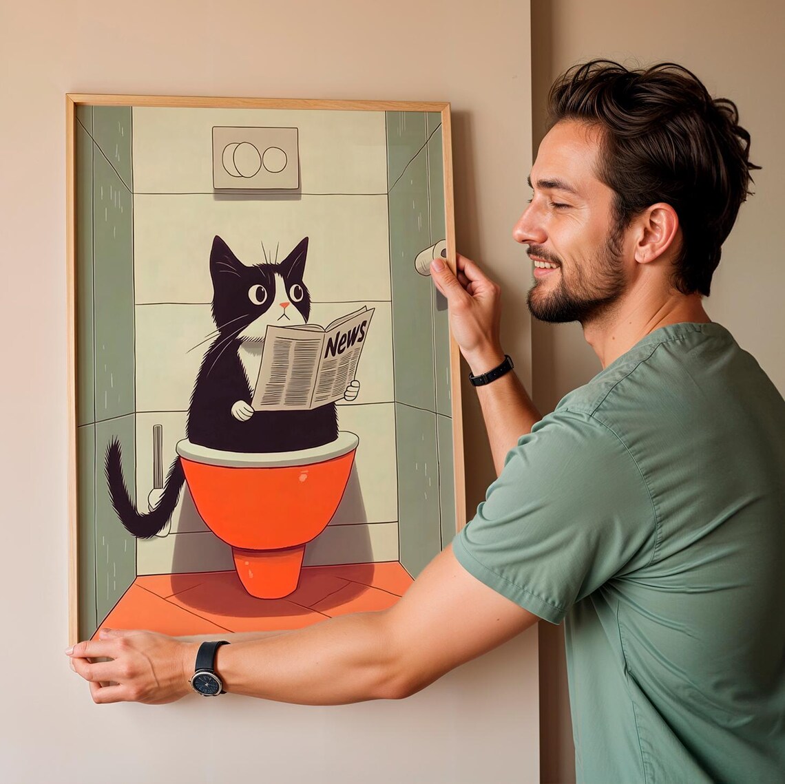 Funny Cat Reading Newspaper On Toilet Bathroom Humor Animal Wall Art Print - Image 3