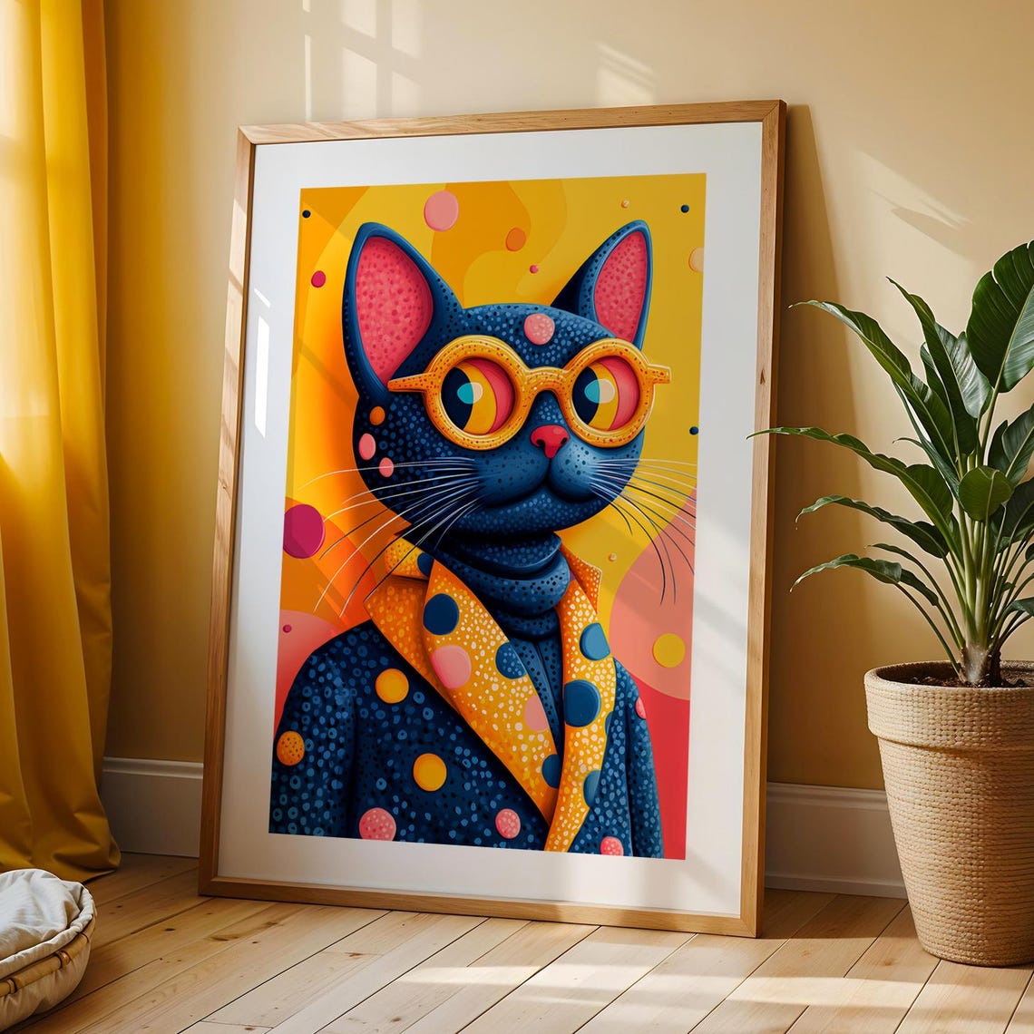 Pop Art Blue Cat Yellow Glasses Polka Dot Scarf Retro Wall Art Print - Image 2