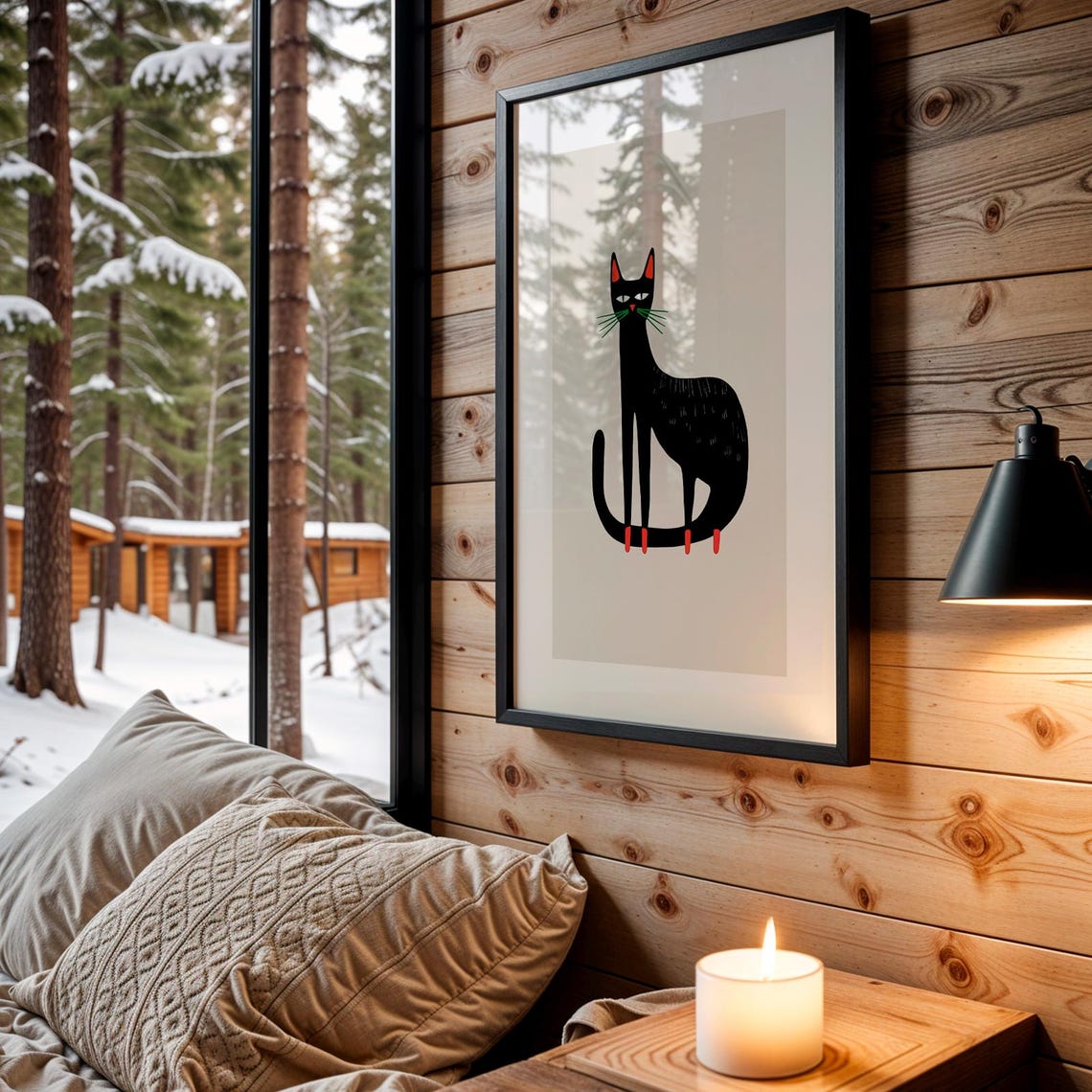 Black Folk Art Cat Red Paws Scandinavian Retro Nursery Wall Art Poster - Image 2