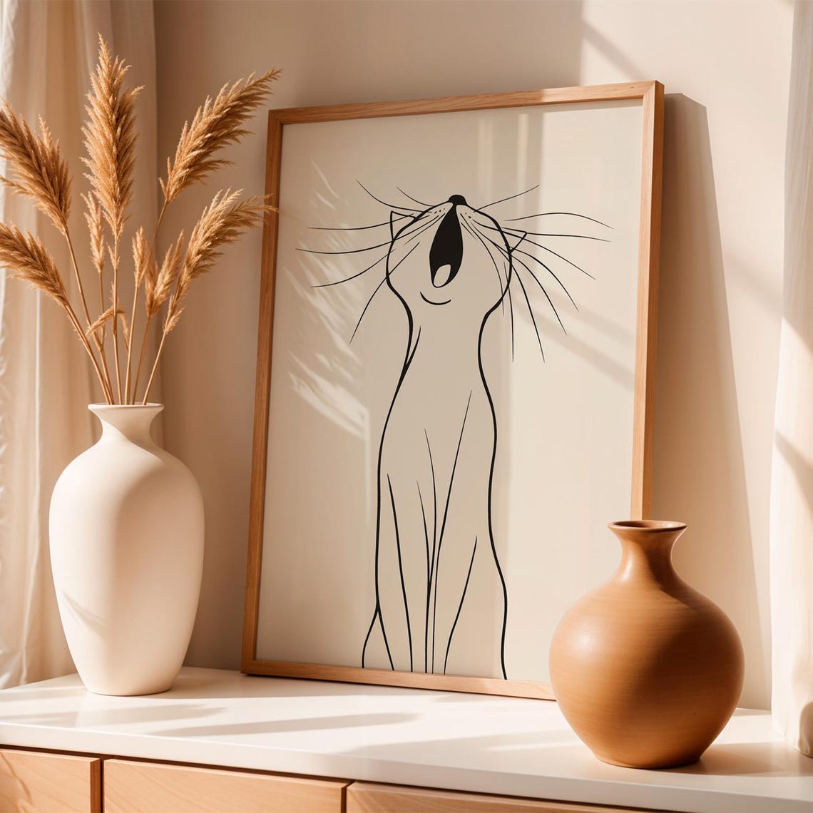 Minimal Line Art Cat Yawning Cream Background Modern Wall Art Poster - Image 4