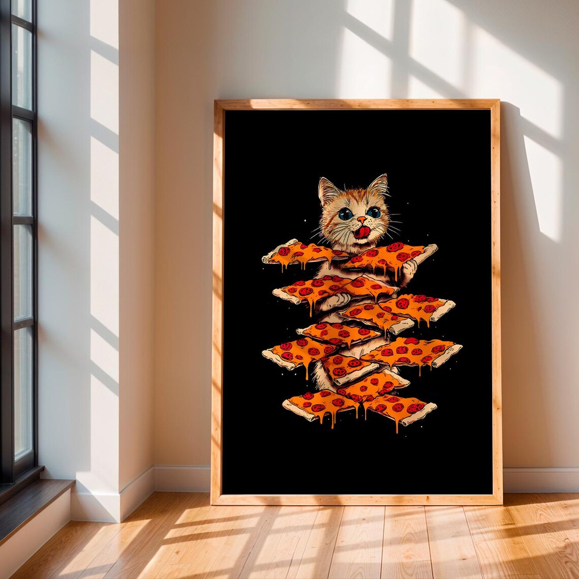 Happy Kitten Stacked Pepperoni Pizza Slices Retro Kitchen Wall Art Print - Image 2