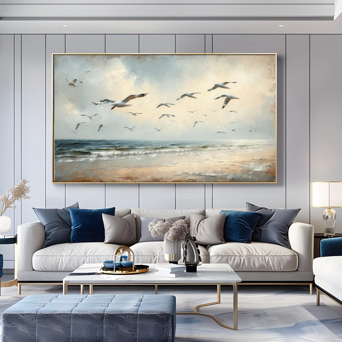 Seagulls Over Ocean Beach Coastal Seascape Painting Wall Art