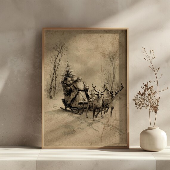 Vintage Santa With Reindeer Sleigh, Christmas Art Print