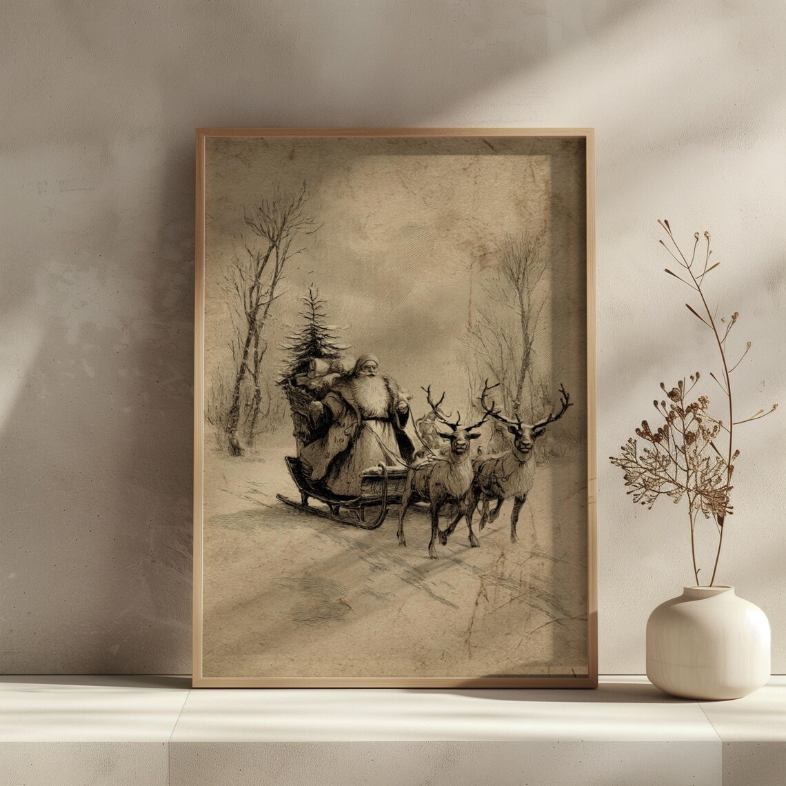 Vintage Santa With Reindeer Sleigh, Christmas Art Print