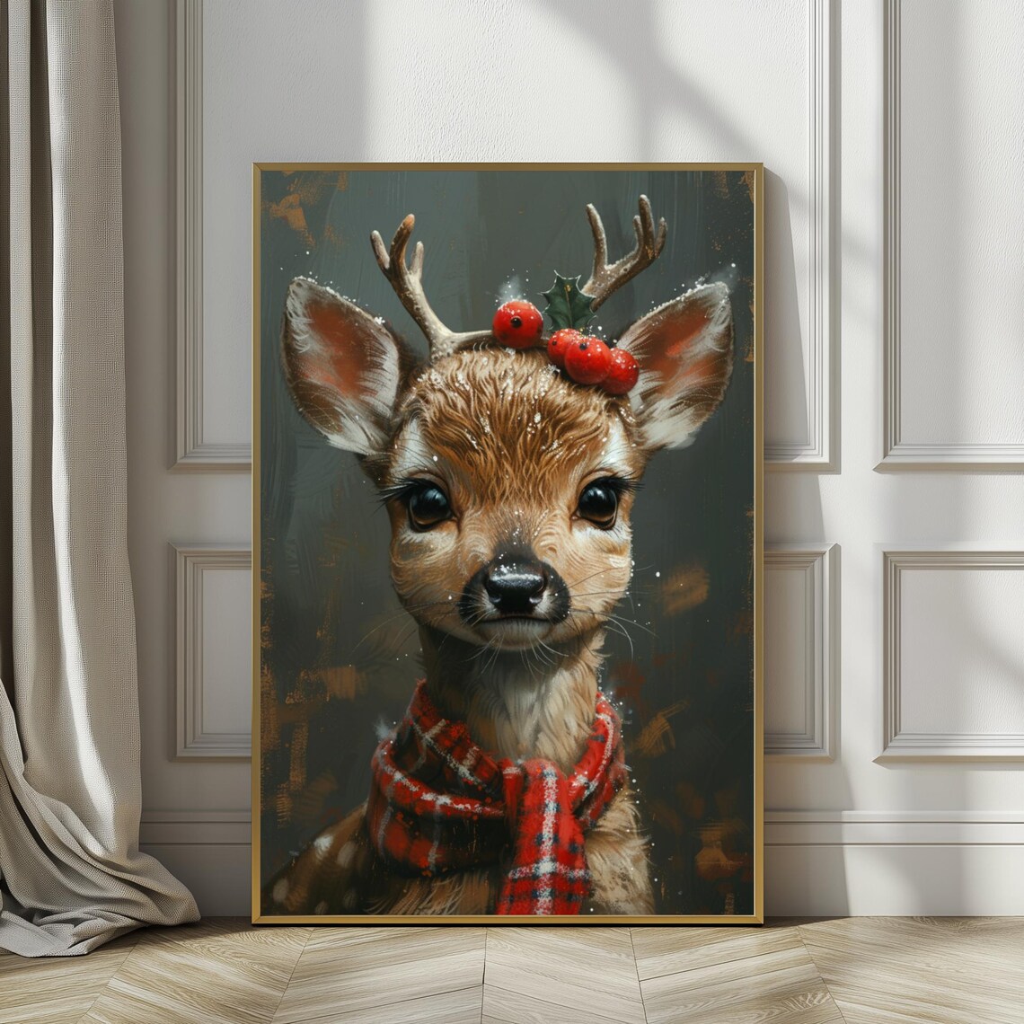 Baby Deer Holly Berries Plaid Scarf Christmas Portrait Art Poster