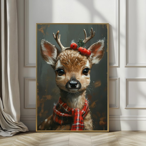 Baby Deer Holly Berries Plaid Scarf Christmas Portrait Art Poster