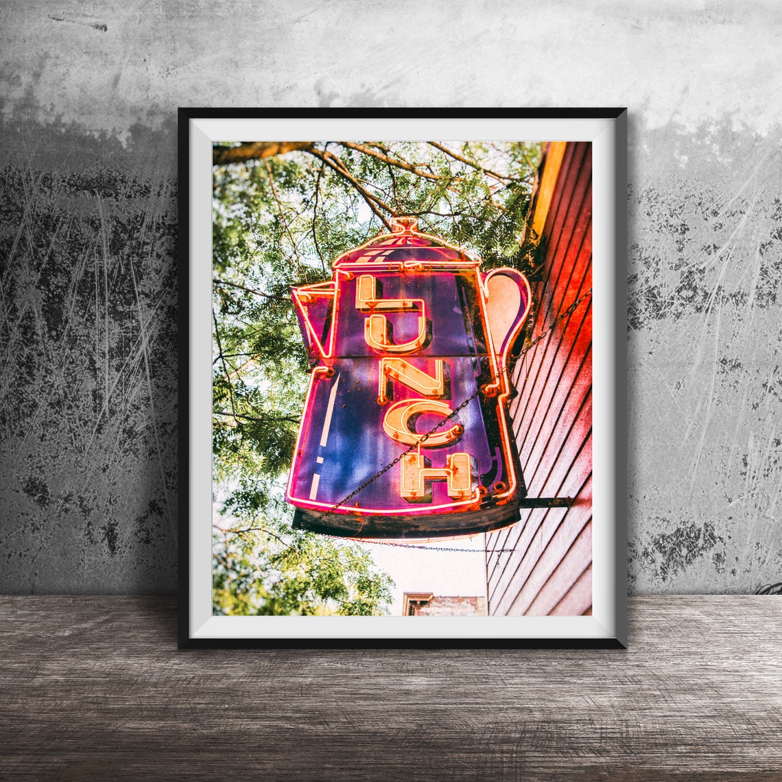 Neon Coffee Pot LUNCH Sign Hanging Outside Diner Photography Poster