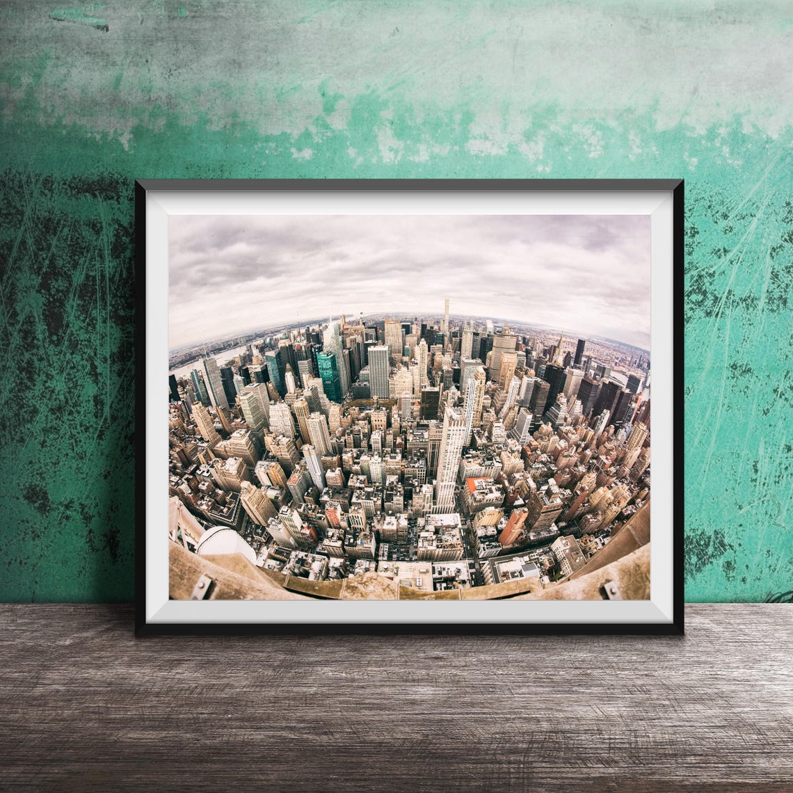 New York City Manhattan Aerial Fisheye Skyline Photography Poster