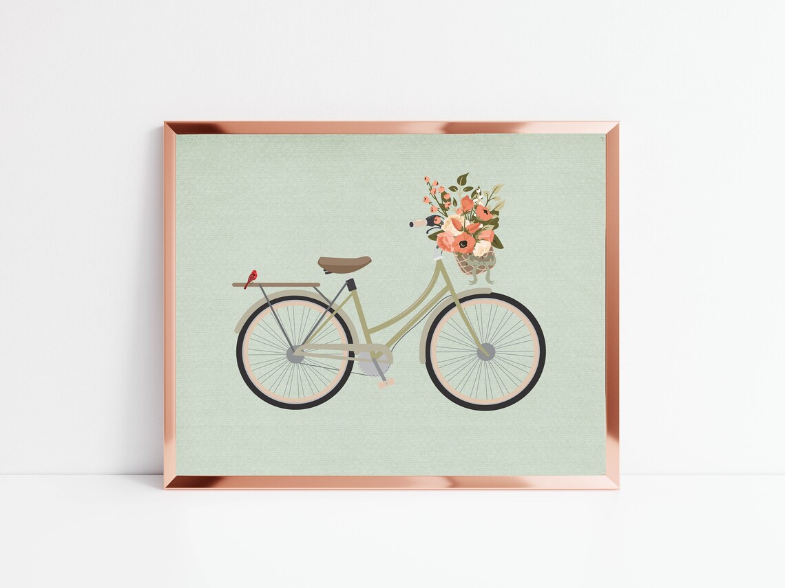 Vintage Sage Green Bicycle Flower Basket Mint Botanical Wall Art - Image 3