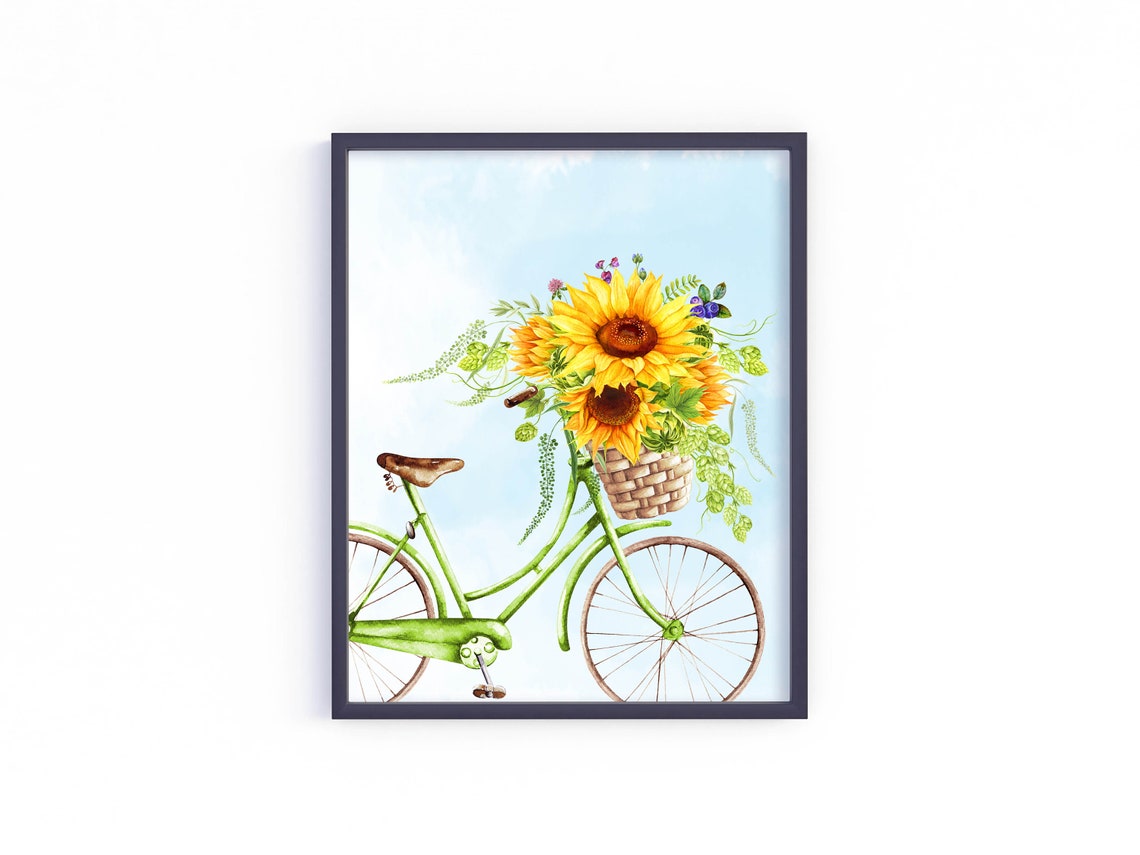 Green Bicycle With Sunflower Basket Summer Watercolor Poster - Image 8