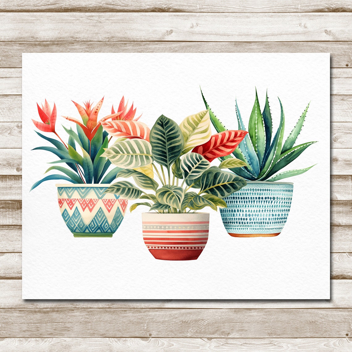 Boho Watercolor Potted Plants in Patterned Ceramic Pots Wall Poster - Image 4