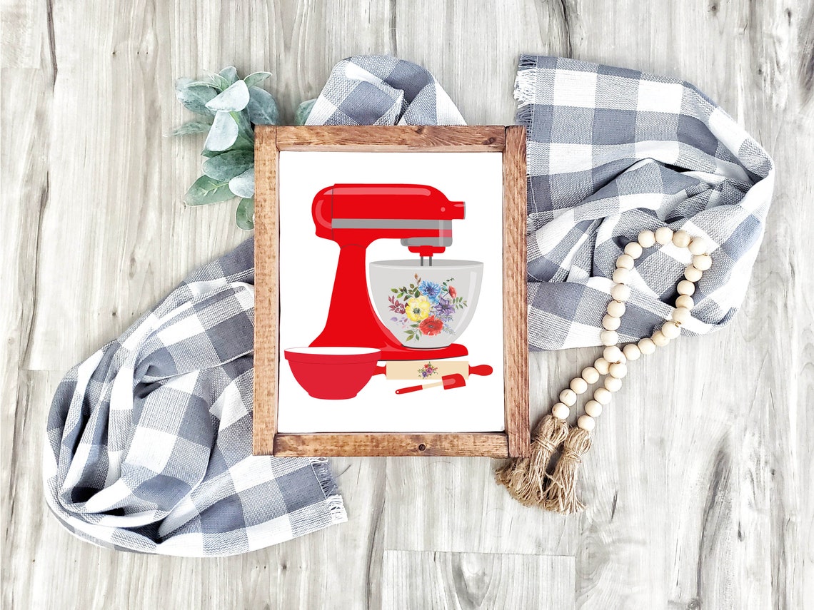 Red Kitchen Stand Mixer Floral Bowl Watercolor Baking Poster - Image 2