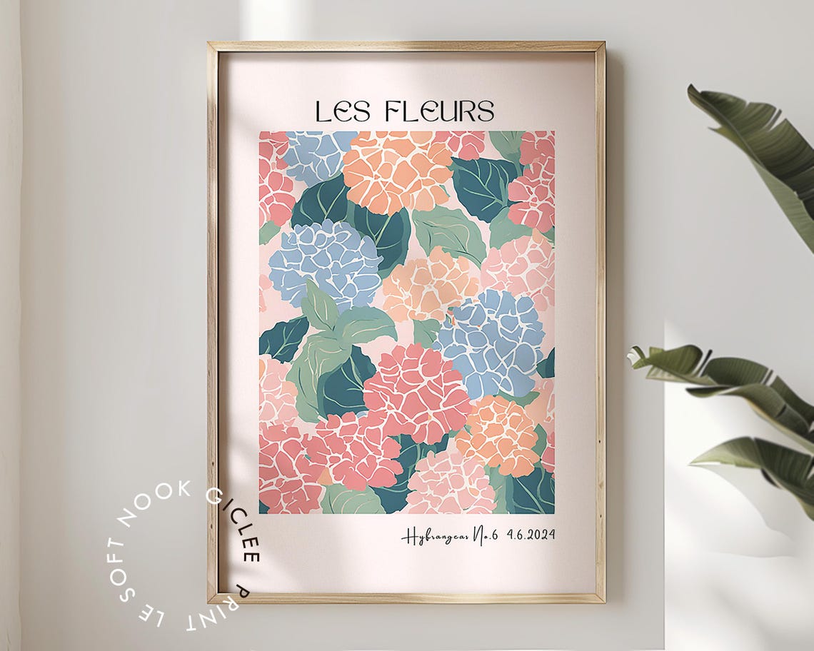 Les Fleurs Pastel Hydrangea Pattern Blue Pink Soft Floral Poster