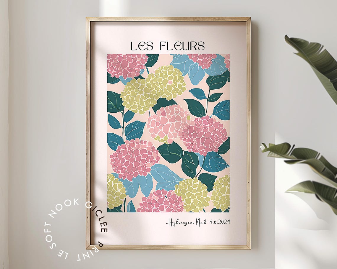Les Fleurs Soft Hydrangea Pattern Pink Yellow Blue Floral Poster