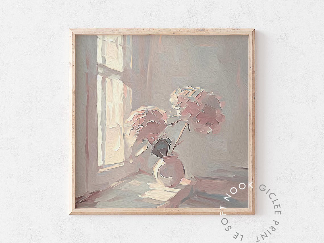 Pink Hydrangea By Window Soft Light Floral Still Life Art Poster