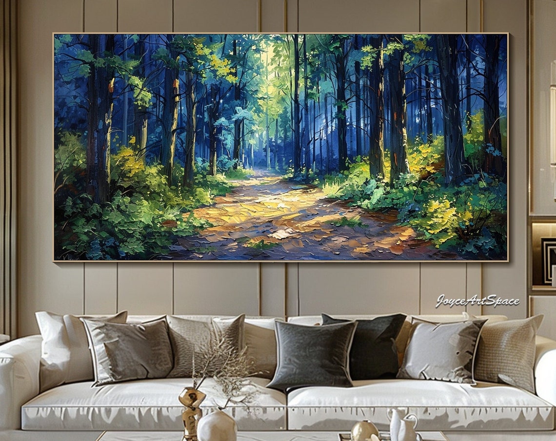 Sunlit Blue Forest Path Golden Light Textured 3D Landscape Poster