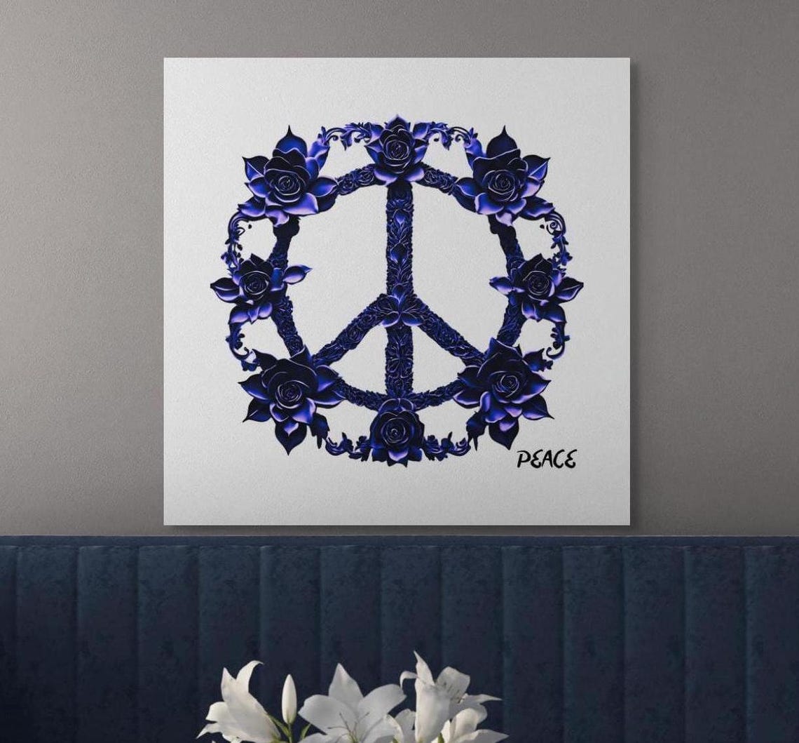 Blue Rose Peace Symbol Floral Peace Sign Dark Elegant Art Poster