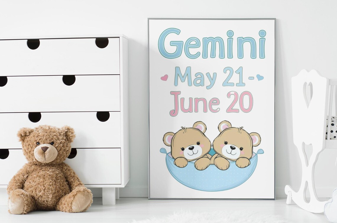 Gemini Zodiac Nursery Print Twin Teddy Bears Baby Room Star Sign