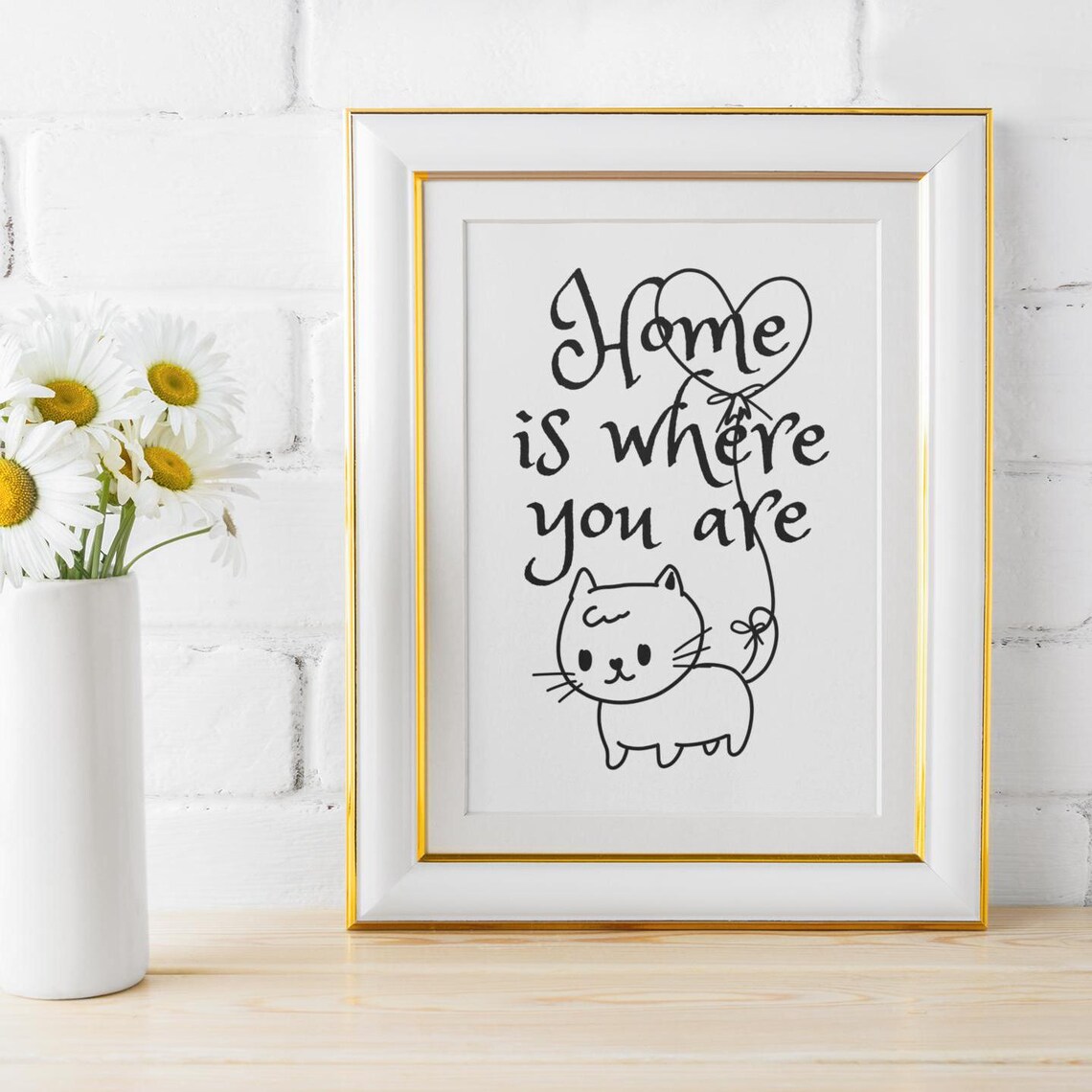 Home Is Where You Are Cat Heart Balloon Cute Quote Wall Art Poster