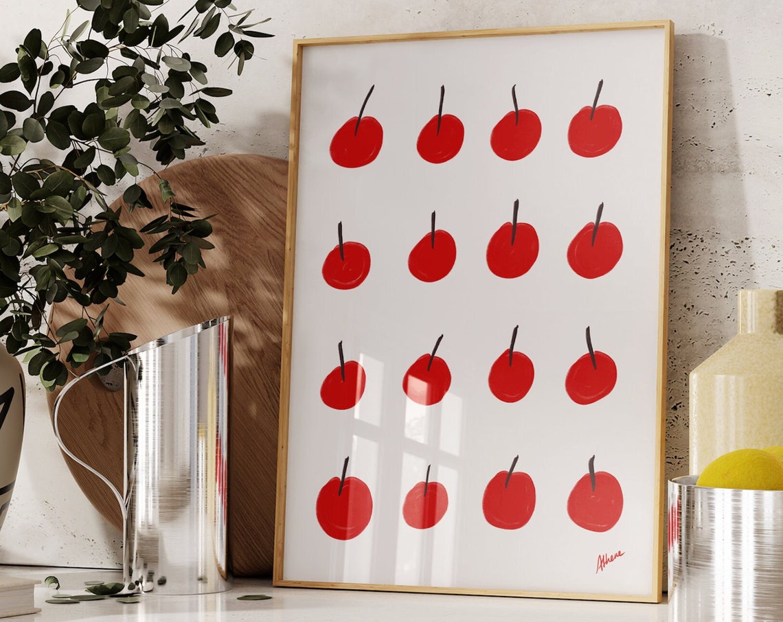 Red Cherries Grid Minimalist Fruit Illustration Kitchen Wall Poster