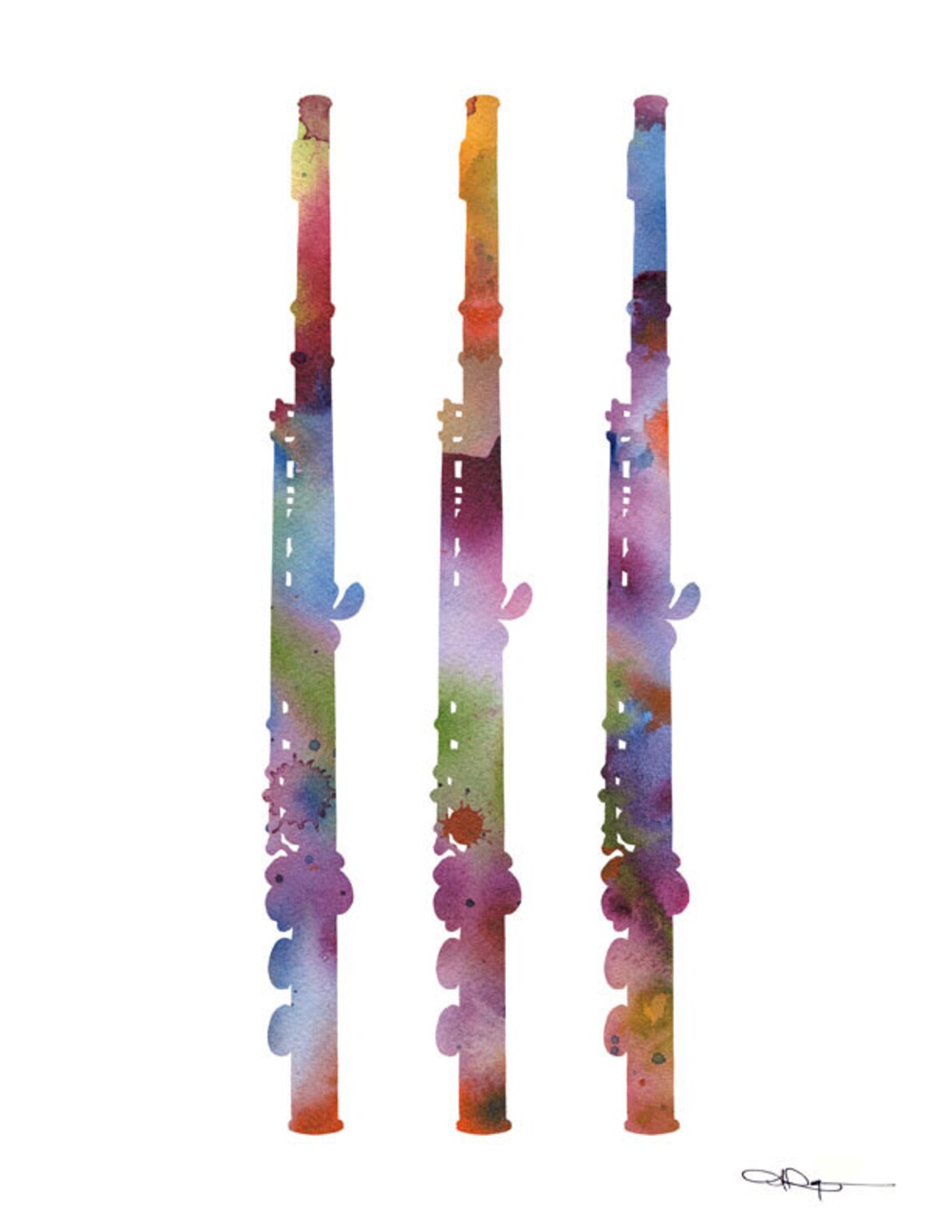 Colorful Watercolor Triple Flute Woodwind Instrument Art Print - Image 2