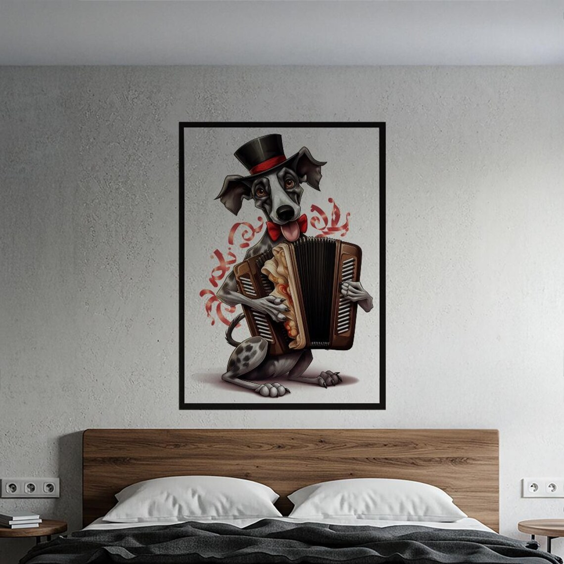 Dapper Dog Playing Accordion Top Hat Red Bow Tie Whimsy Poster