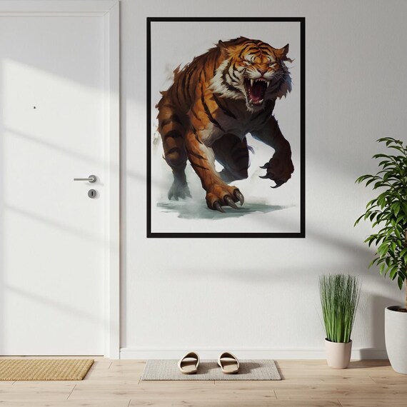 Roaring Tiger Fierce Wildlife Big Cat Watercolor Dramatic Art Poster