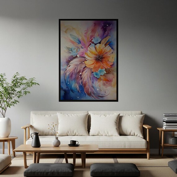 Dreamy Vibrant Watercolor Feathered Blossom Bohemian Floral Poster